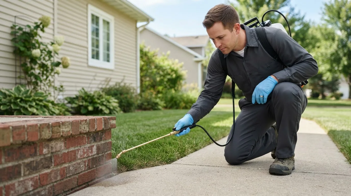 Pest control technician treating a home near New London, NH