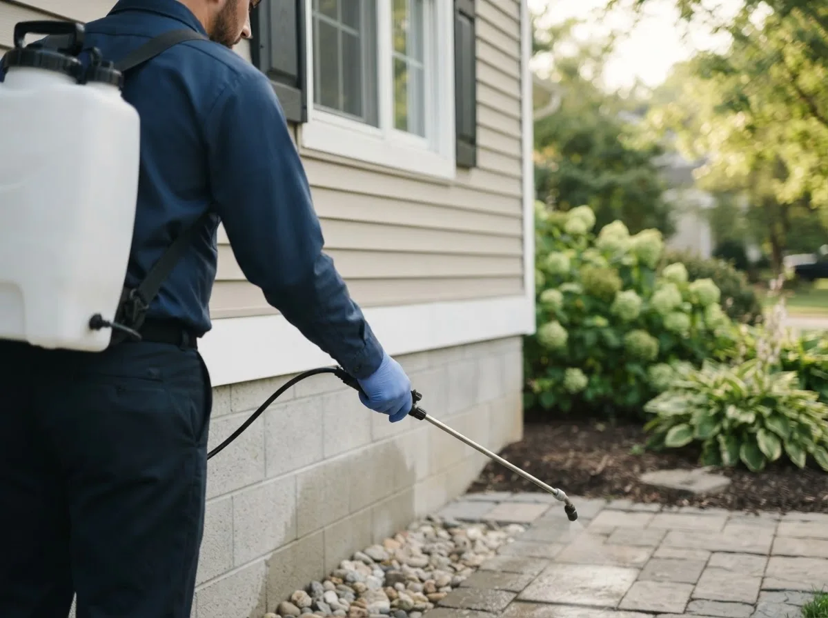 Pest control technician inspecting a home in New London, NH